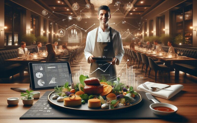 Una escena moderna y elegante que representa el concepto de Marketing Gastronómico. En primer plano,